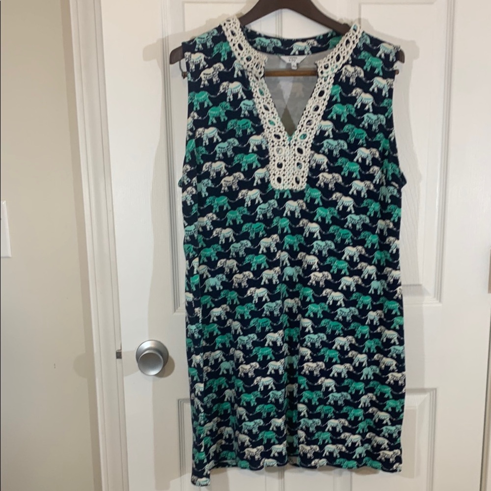 Crown & Ivy Blue and Green V-Neck Sheath Mini Dress with elephants. Machine wash